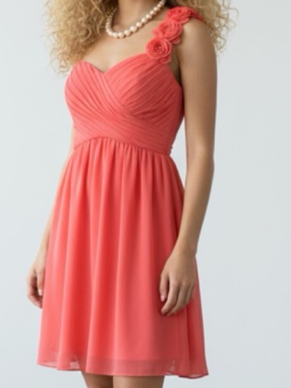 NWOT- Alfred Angelo Coral One-Shoulder Floral-Accent Chiffon Dress
